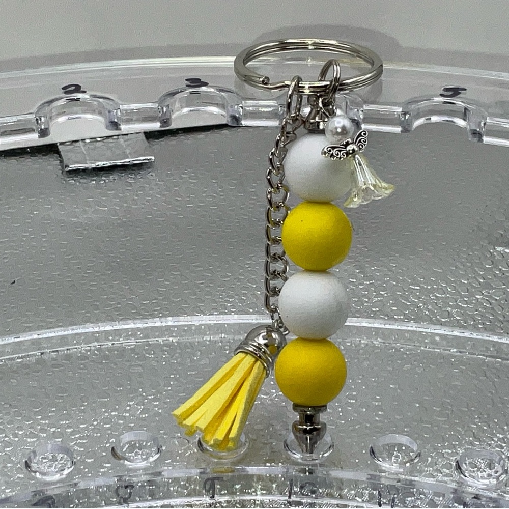 Yellow and White Beaded Keychain